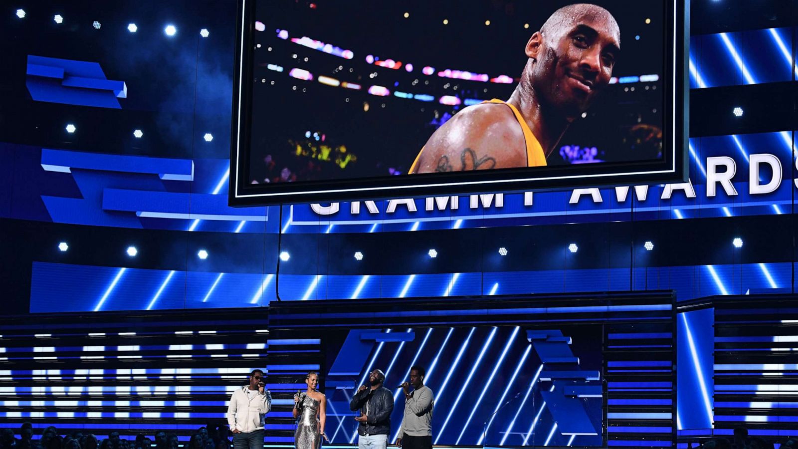 PHOTO: Host US singer-songwriter Alicia Keys and Boyz II Men sing in memory of late NBA legend Kobe Bryant during the 62nd Annual Grammy Awards on January 26, 2020, in Los Angeles.