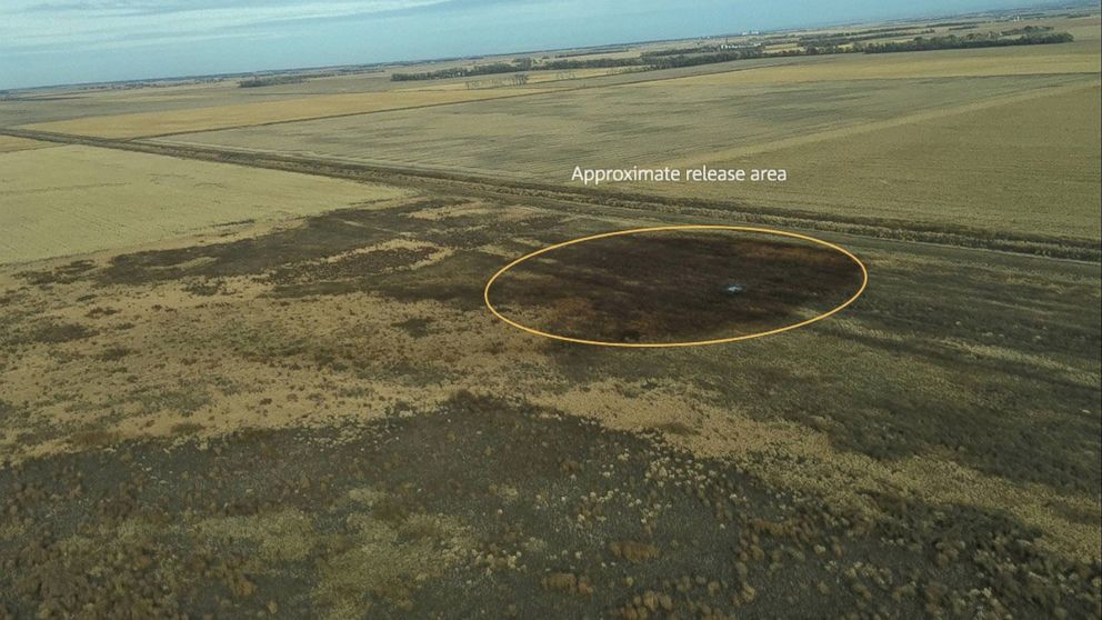 PHOTO: An aerial view shows the darkened ground of an oil spill which shut down the Keystone pipeline between Canada and the United States, located in an agricultural area near Amherst, South Dakota, U.S., in this photo provided November 17, 2017. 