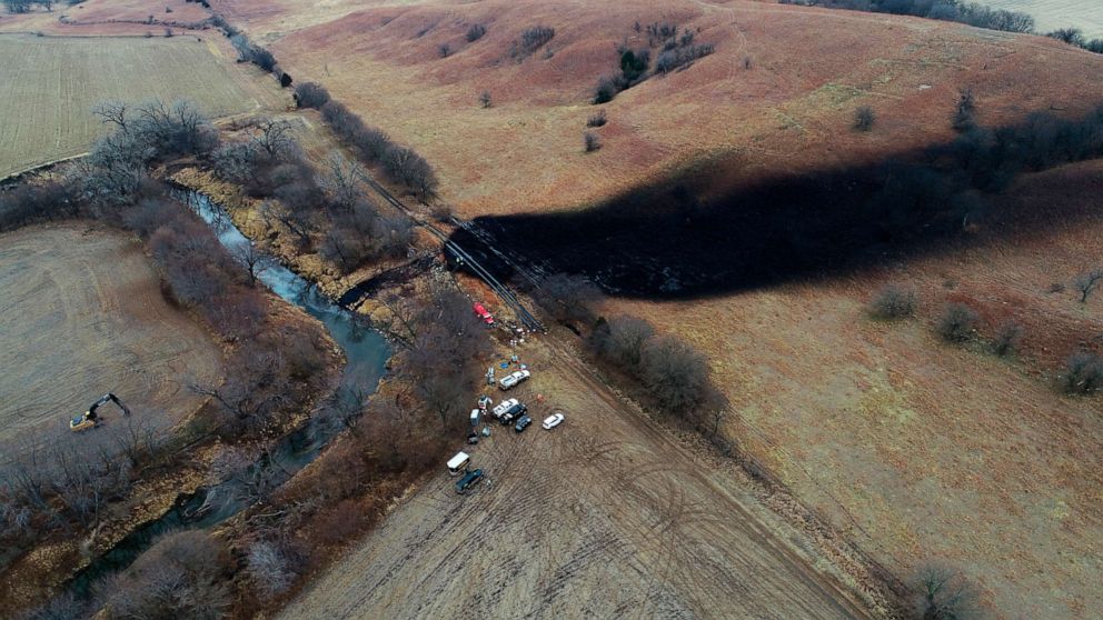 PHOTO: In this photo taken by a drone, cleanup continues in the area where the ruptured Keystone pipeline dumped oil into a creek in Washington County, Kansas, on Dec. 9, 2022.