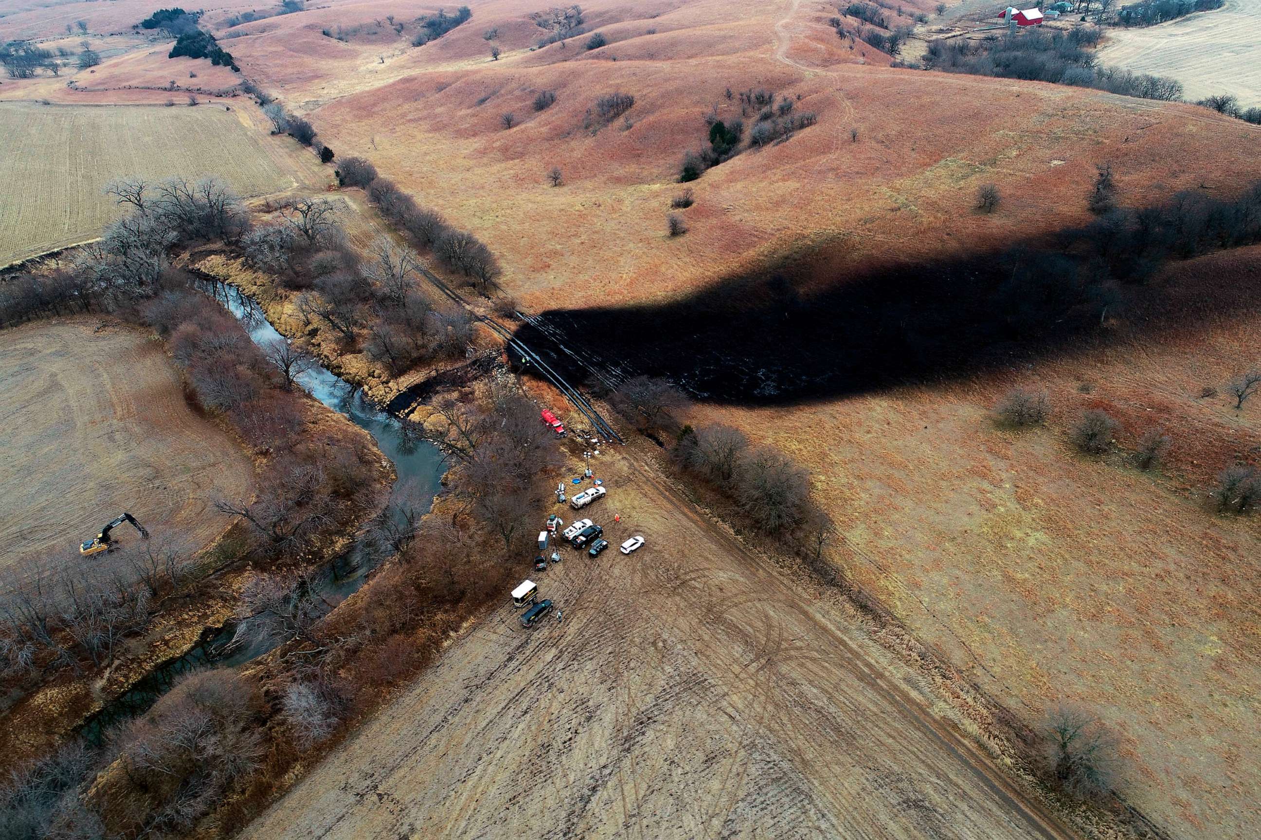 PHOTO: FILE - In this photo taken by a drone, cleanup continues in the area where the ruptured Keystone pipeline dumped oil into a creek in Washington County, Kan., on Dec. 9, 2022.