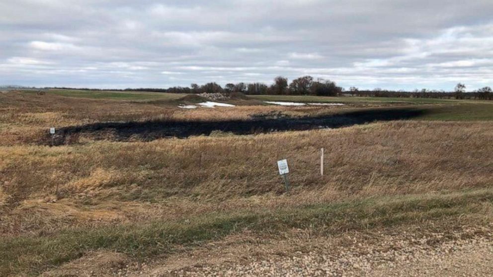 PHOTO: This photo taken on Oct. 30, 2019, provided by the North Dakota Department of Environmental Quality shows affected land from a Keystone oil pipeline leak near Edinburg, North Dakota.