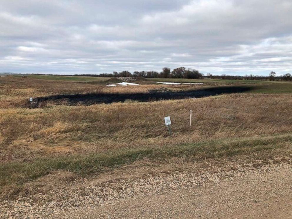 PHOTO: This photo taken on Oct. 30, 2019, provided by the North Dakota Department of Environmental Quality shows affected land from a Keystone oil pipeline leak near Edinburg, North Dakota.