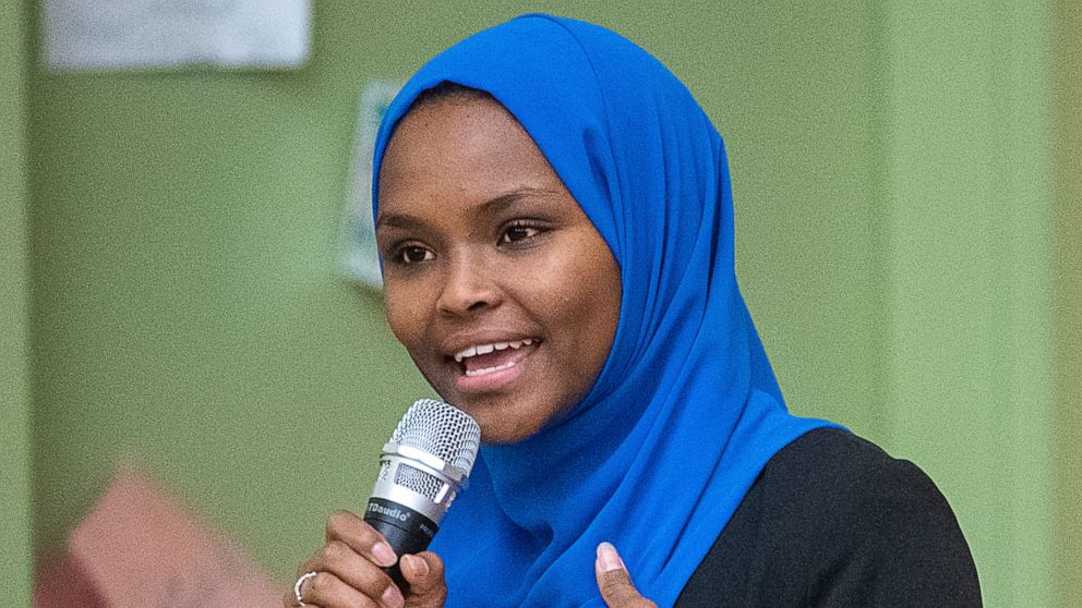 PHOTO: Safiya Khalid speaks at a candidates forum at Geiger Elementary School in Lewiston, Maine.