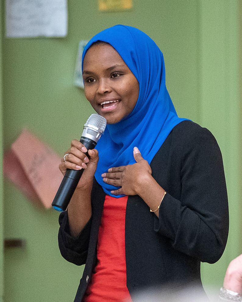 PHOTO: Safiya Khalid speaks at a candidates forum at Geiger Elementary School in Lewiston, Maine.