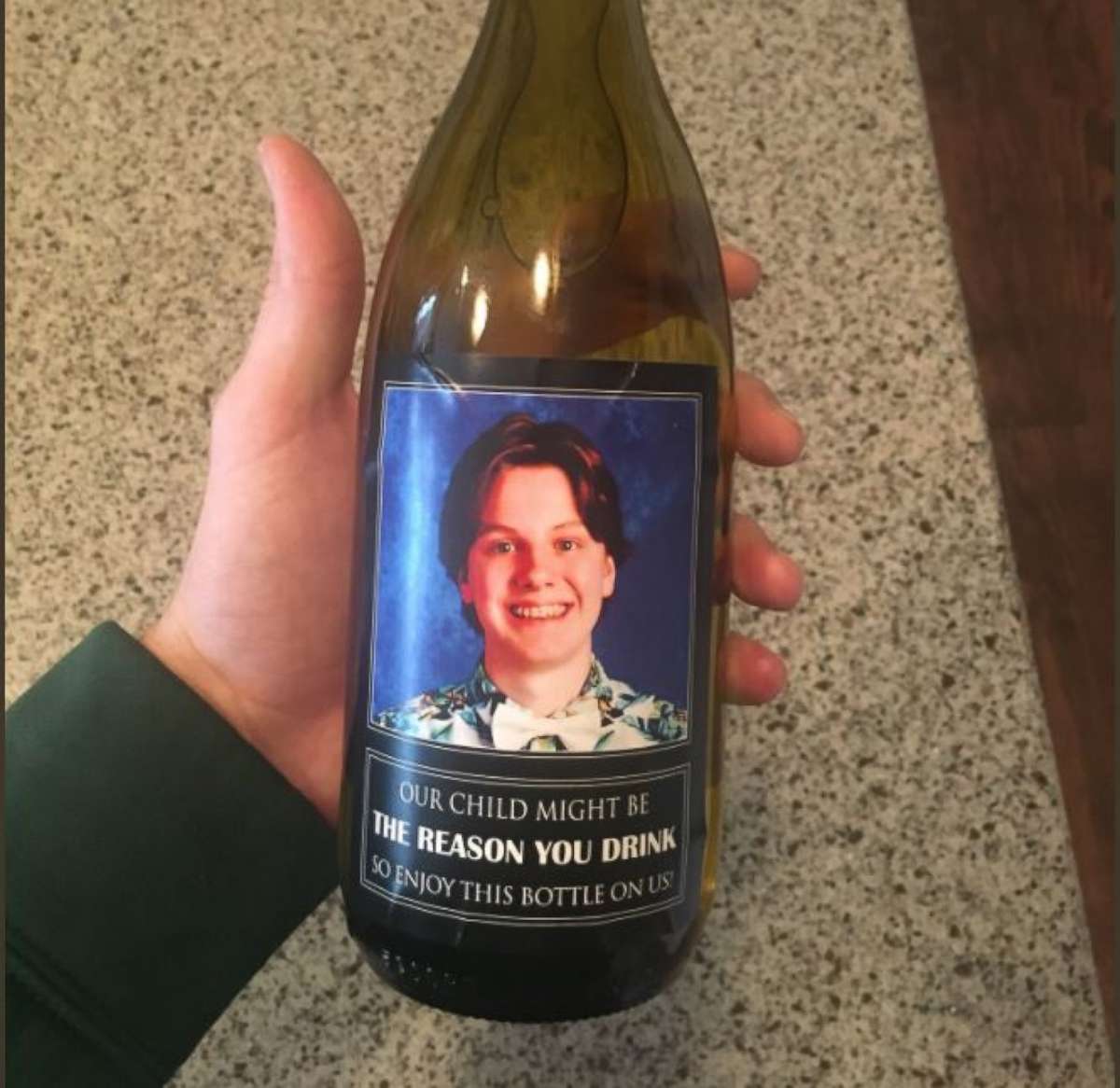 PHOTO: Ohio parents give teachers something to 'wine' about. Labels on the wine bottle gifts say, "Our child might be the reason you drink, so enjoy this bottle on us." 