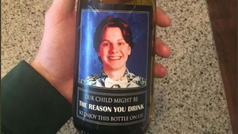 PHOTO: Ohio parents give teachers something to 'wine' about. Labels on the wine bottle gifts say, "Our child might be the reason you drink, so enjoy this bottle on us." 