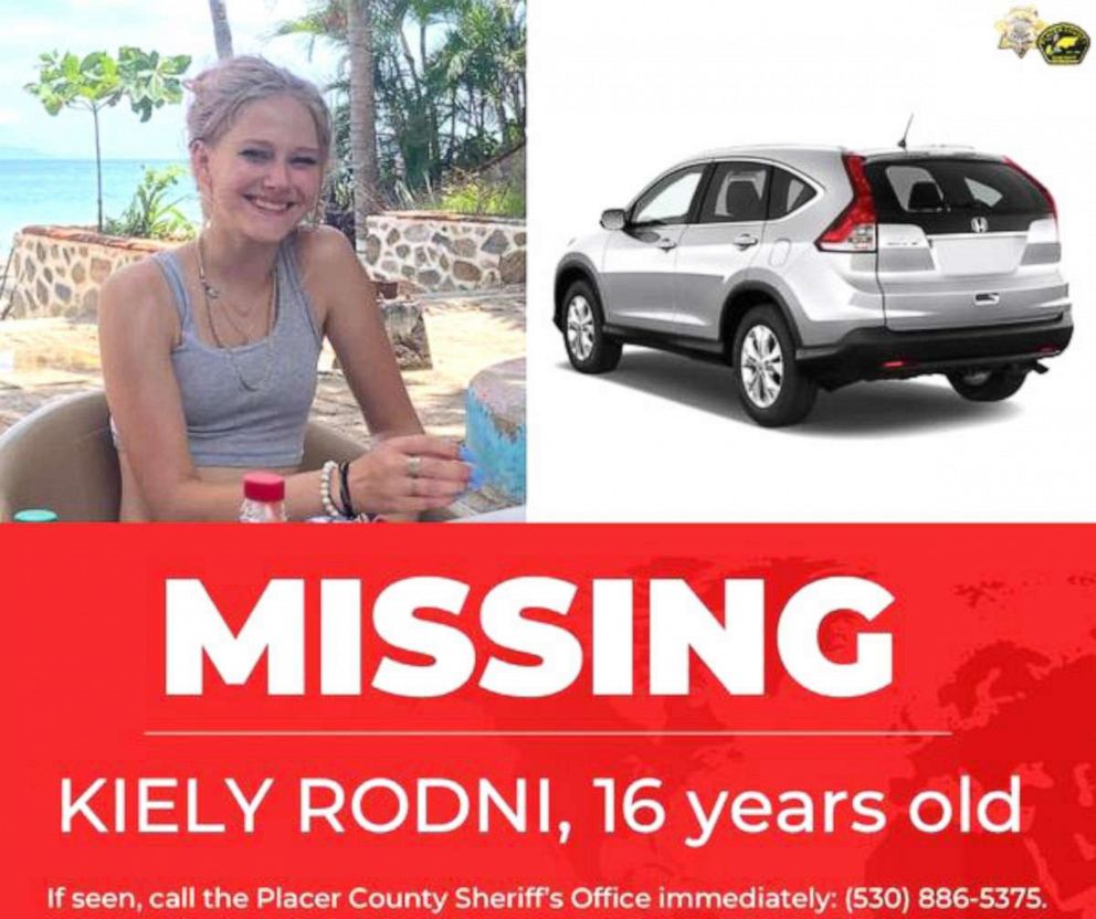 PHOTO: Kiely Rodni and her car are seen in an image posted by The Placer County Sheriff's Department on their Twitter account. Rodhi, 16, disappeared from a campground near Lake Tahoe on 8/6/2022; the police is treating it as a potential abduction.