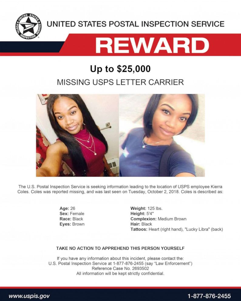 PHOTO: Reward poster provided by the U.S. Postal Inspection Service requesting information leading to the location of postal worker Kierra Coles, who has been missing since Oct 2, 2018.