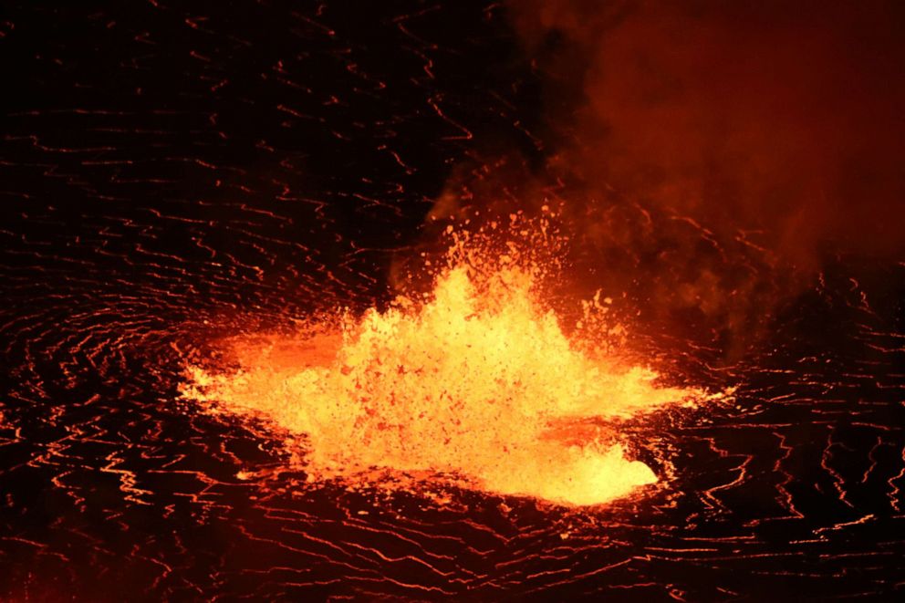 PHOTO: A rising lava lake is seen within Halema'uma'u crater during the eruption of Kilauea volcano in Hawaii National Park, Sept. 29, 2021.