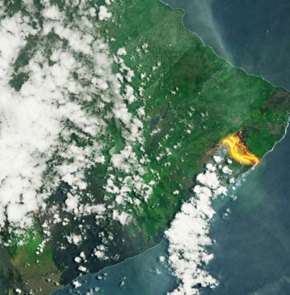 The fissures spewing lava in the eastern district of Puna on Hawaii's Big Island can be seen from space in this cropped photo taken May 23, 2018.