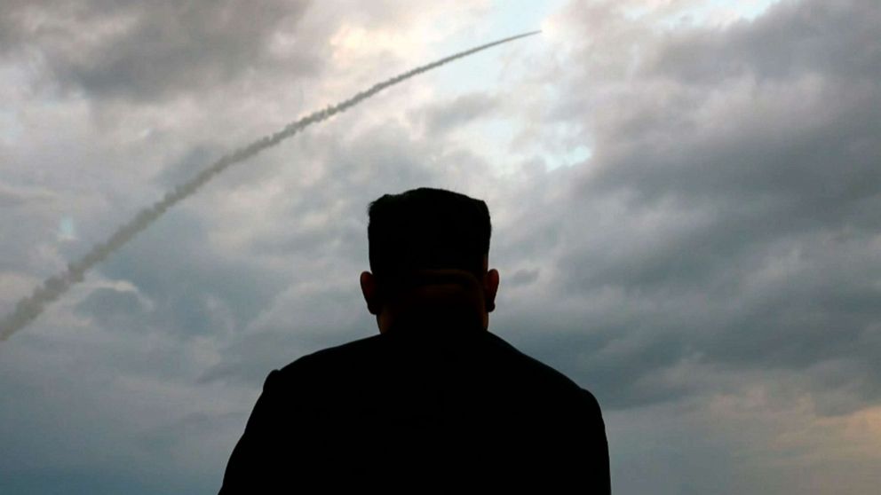 PHOTO: This screen grab image taken from North Korean broadcaster KCTV on August 1, 2019, shows North Korean leader Kim Jong Un watching the launch of a ballistic missile at an unknown location in North Korea early on July 31.