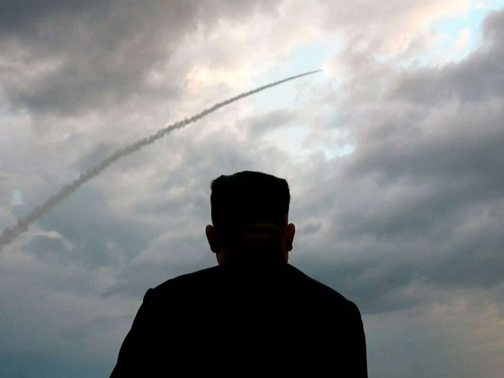 PHOTO: This screen grab image taken from North Korean broadcaster KCTV on Aug. 1, 2019, shows North Korean leader Kim Jong Un watching the launch of a ballistic missile at an unknown location in North Korea early on July 31.