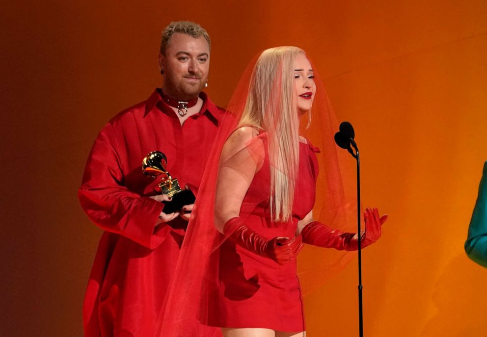 PHOTO: Kim Petras and Sam Smith accept the award for best pop duo/group performance for "Unholy" at the 65th annual Grammy Awards, Feb. 5, 2023, in Los Angeles.