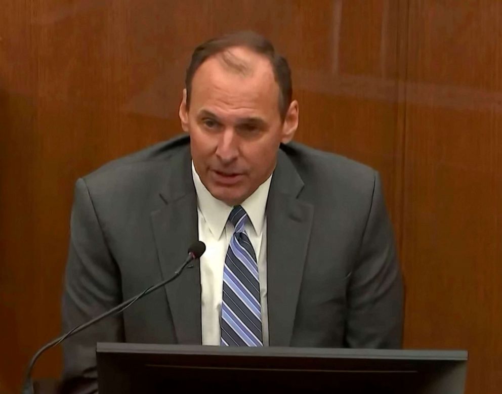 PHOTO: Stephen Ijames, a use-of-force expert and former assistant police chief for Springfield, Missouri, testifies, Dec.16, 2021, in the trial of former Brooklyn Center police Officer Kim Potter at the Hennepin County Courthouse in Minneapolis, Minn.