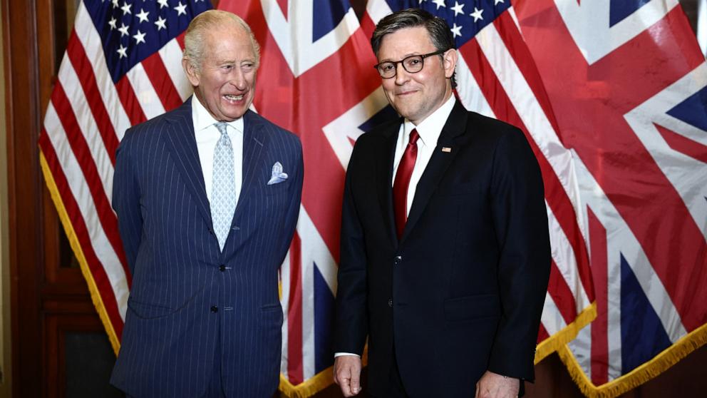 PHOTO: Britain's King Charles III and Speaker of the House Mike Johnson meet before a Joint Meeting of Congress at the US Capitol in Washington, DC, on April 28, 2026. 