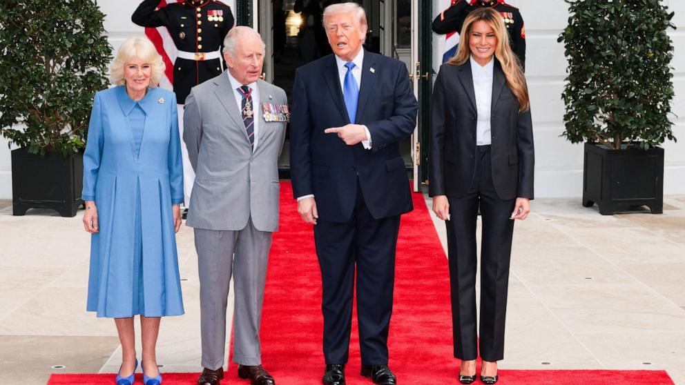 PHOTO: President Donald Trump and first lady Melania Trump stand with Britain's King Charles and Queen Camilla at the White House, in Washington, April 30, 2026.