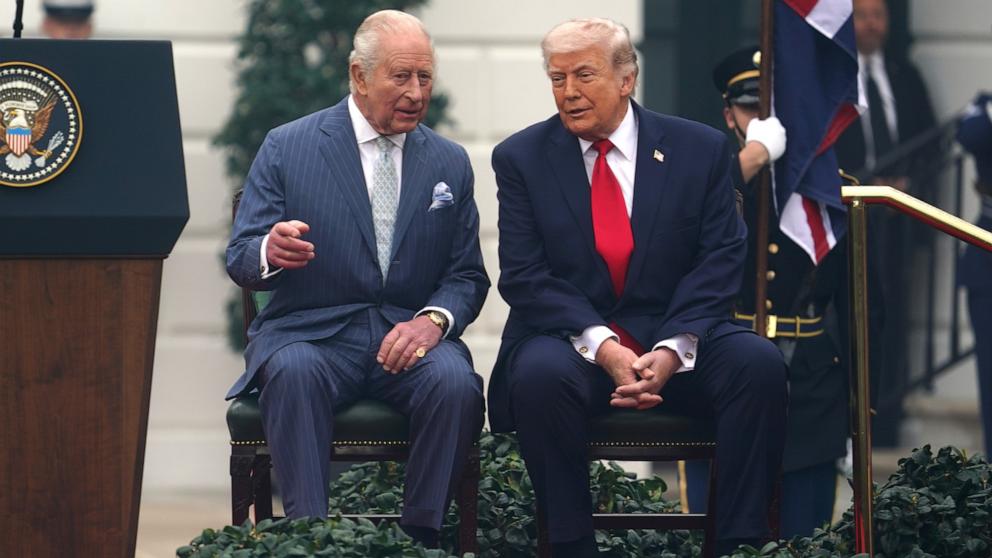 PHOTO: President Donald Trump and Britain's King Charles III attend a welcome ceremony on the South Lawn of the White House in Washington, April 28, 2026. 