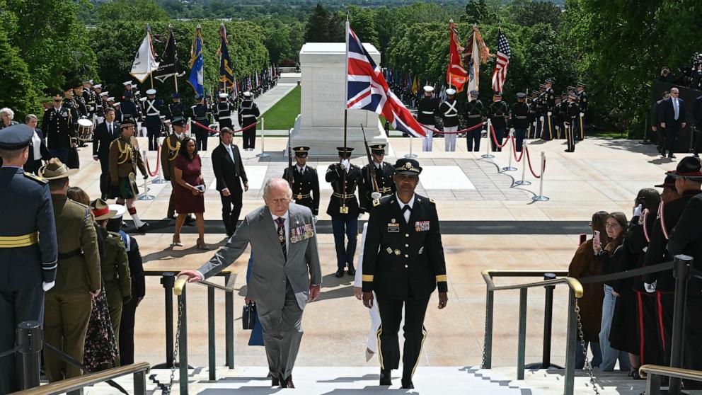 PHOTO: King Charles III arrives to lay a wreath at the tomb of the unknown soldier in Arlington National Cemetery, April 30, 2026 in Arlington, Virginia.