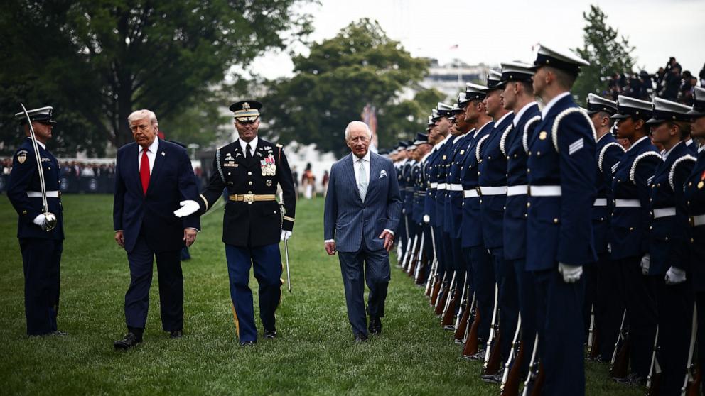 PHOTO: President Donald Trump and Britain's King Charles III review the troops during an arrival ceremony on the South Lawn of the White House in Washington, April 28, 2026.