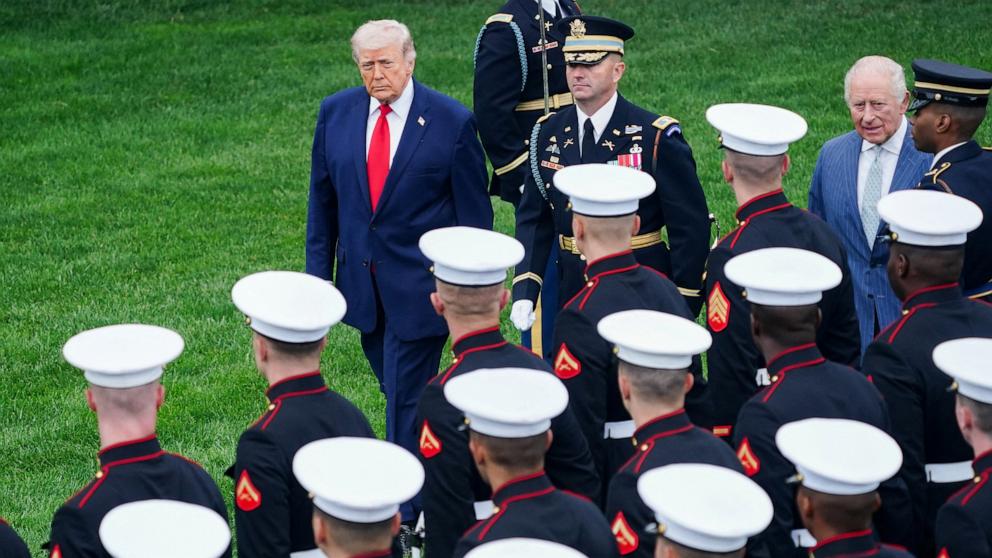 PHOTO: President Donald Trump and Britain's King Charles III review the troops during an arrival ceremony on the South Lawn of the White House in Washington, April 28, 2026.