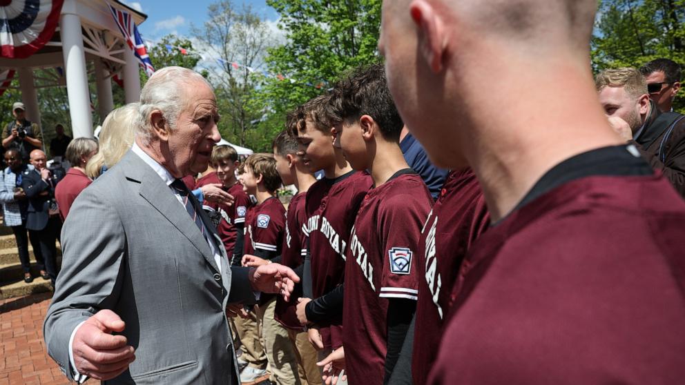 PHOTO: King Charles III and Queen Camilla greet the Virginia state champions Front Royal Little League baseball team during a parade and block party event, April 30, 2026 in Front Royal, Virginia.