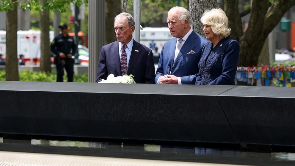 PHOTO: Britain's King Charles and Queen Camilla, along with former Mayor of New York City Michael Bloomberg, arrive at the 9/11 Memorial during a state visit to the United States, in New York City, April 29, 2026. 