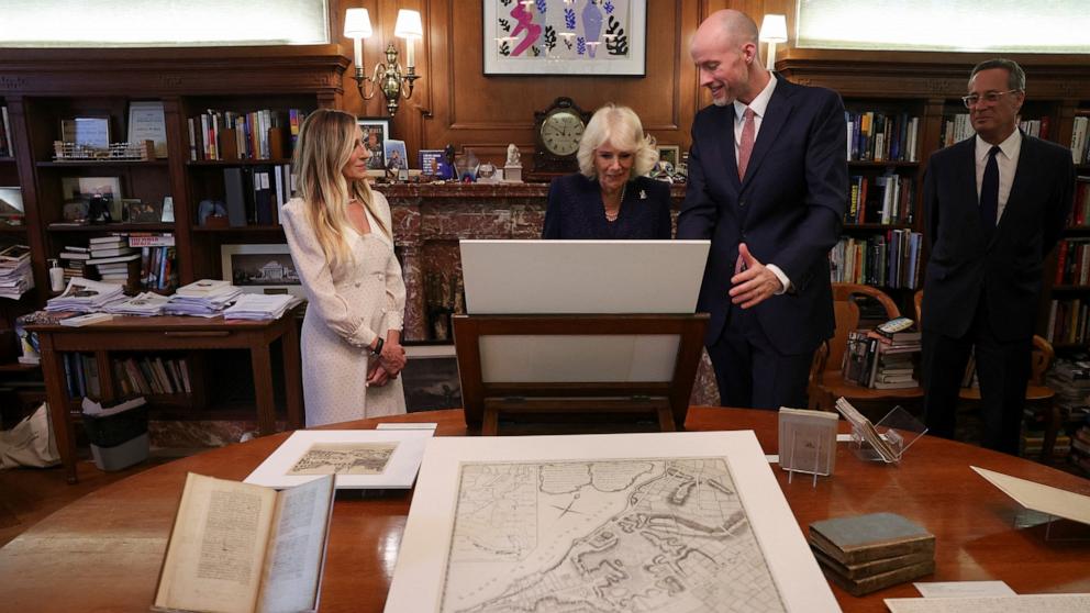PHOTO: Queen Camilla visits the New York Public Library with Sarah Jessica Parker to attend a literary event in New York City, April 29, 2026. 