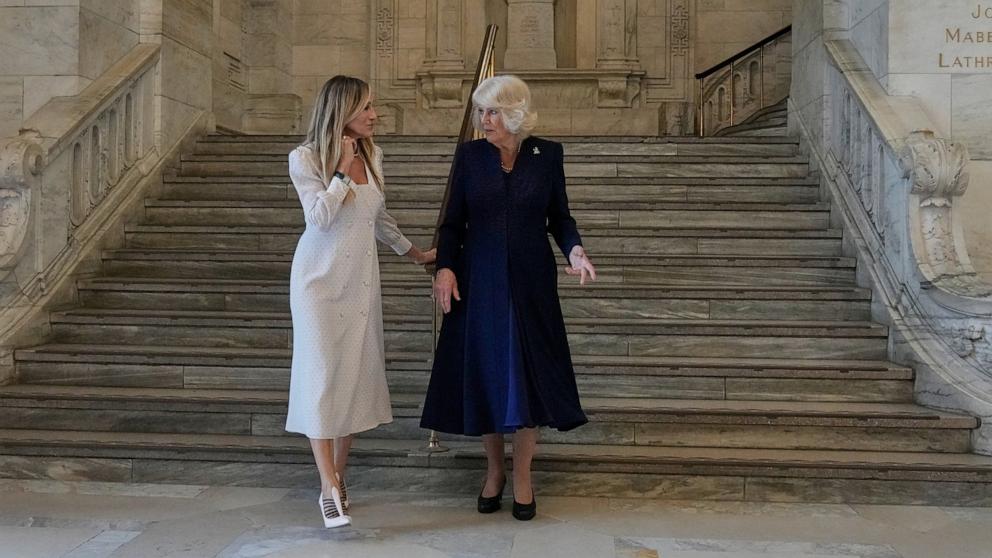 PHOTO: Britain's Queen Camilla speaks to Sarah Jessica Parker as she attends a literacy event at the New York Public Library in New York City, April 29, 2026. 