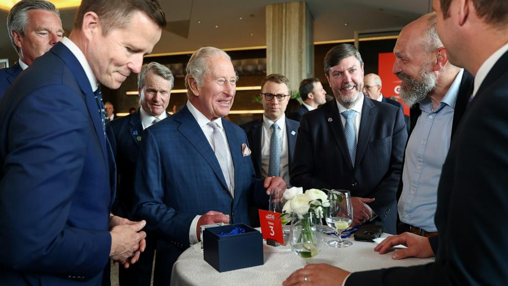 PHOTO: King Charles III attends a UK-U.S. trade event in Bar SixtyFive at Rockefeller Center during a state visit, April 29, 2026 in New York City. 