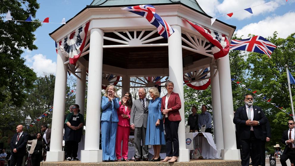 PHOTO: Virginia Gov. Abigail Spanberger, Front Royal Mayor Lori A. Cockrell, King Charles III and Queen Camilla attend a parade and block party event, April 30, 2026 in Front Royal, Virginia.