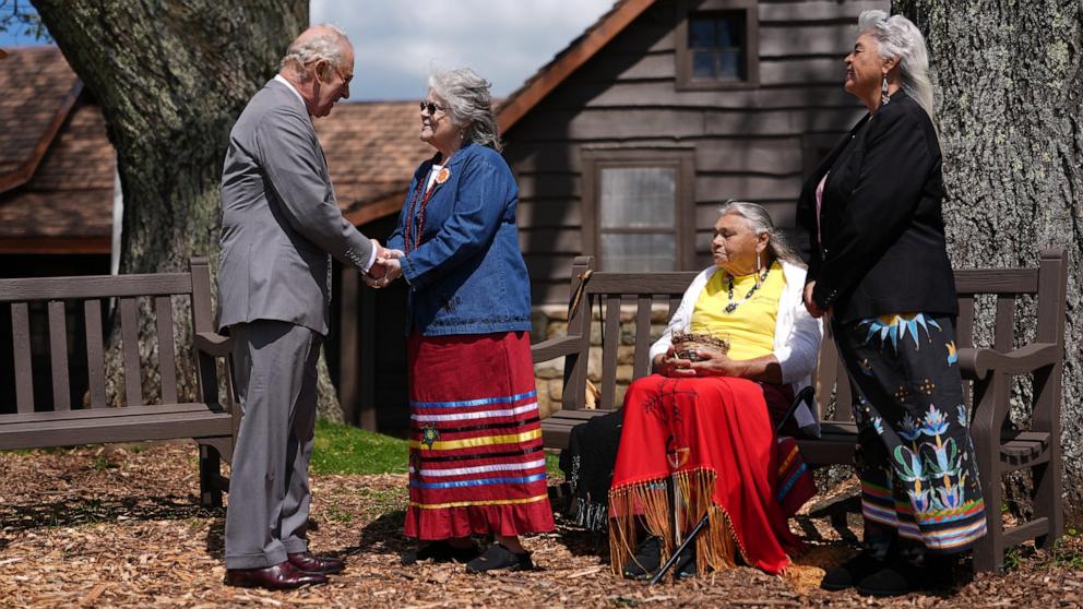 PHOTO: King Charles III meets with members of the Monacan Indian Nation as he visits Shenandoah National Park on the final day of the state visit of King Charles III and Queen Camilla, April 30, 2026 in Front Royal, Virginia. 