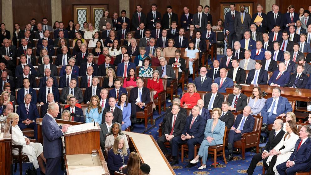 PHOTO: Britain's King Charles III addresses a joint meeting of Congress in the House Chamber of the U.S. Capitol in Washington, April 28, 2026. C