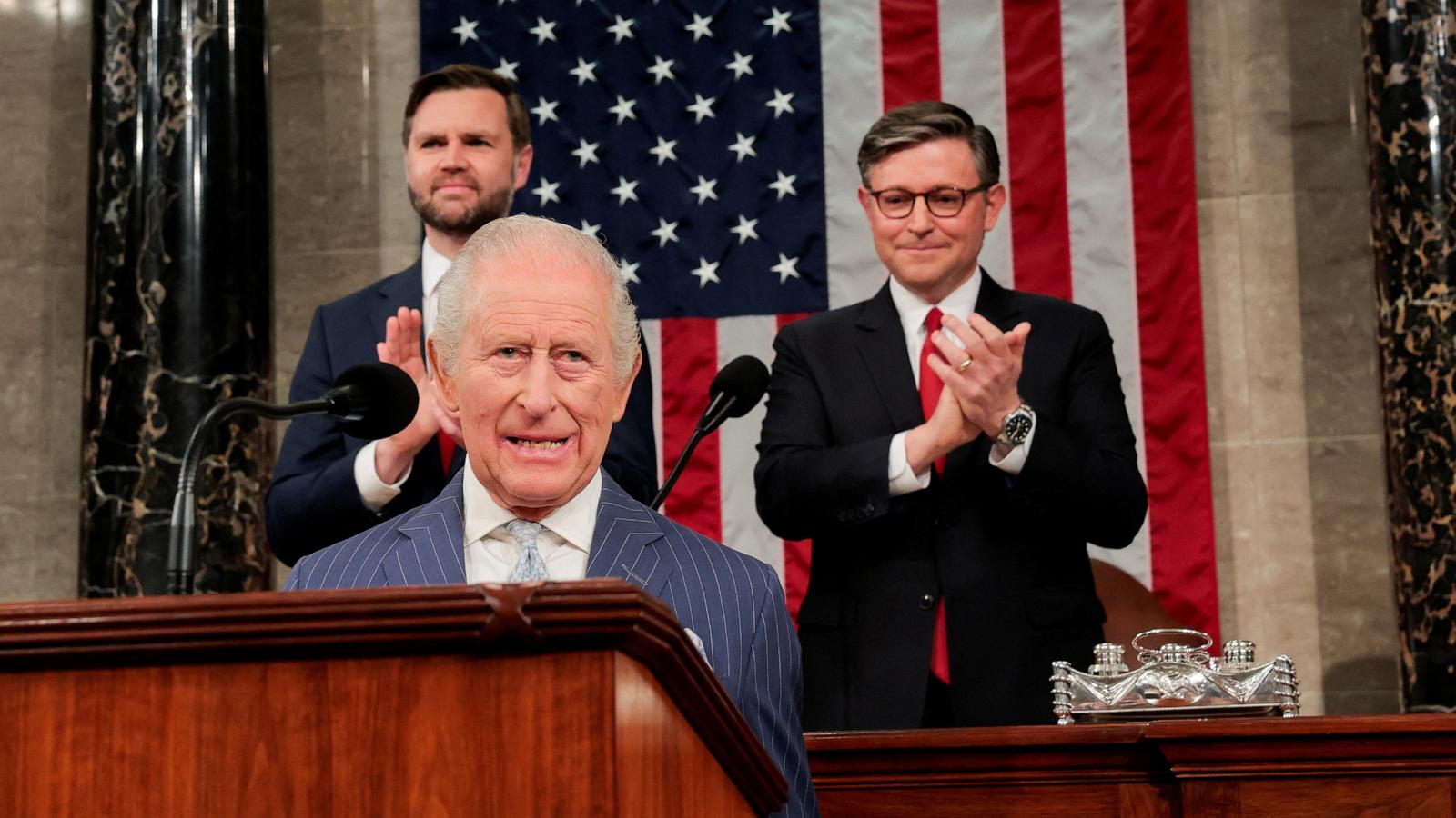 PHOTO: Britain's King Charles is applauded by Vice President JD Vance and House Speaker Mike Johnson as he addresses a joint meeting of Congress in the House Chamber of the U.S. Capitol in Washington, April 28, 2026.