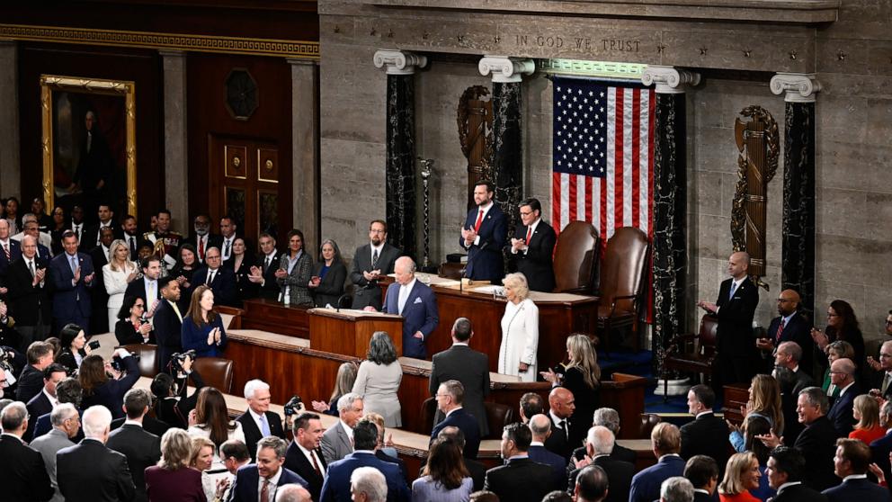 PHOTO: Vice President JD Vance and Speaker of the House Mike Johnson applaud the arrival of Britain's King Charles III to speak to a Joint Meeting of Congress in the House Chamber at the US Capitol in Washington, April 28, 2026. 