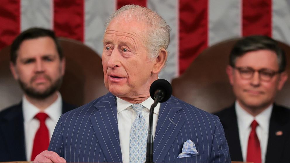 PHOTO: Britain's King Charles III addresses a joint meeting of Congress while Vice President JD Vance and House Speaker Mike Johnson listen in the House Chamber of the U.S. Capitol in Washington, April 28, 2026. 