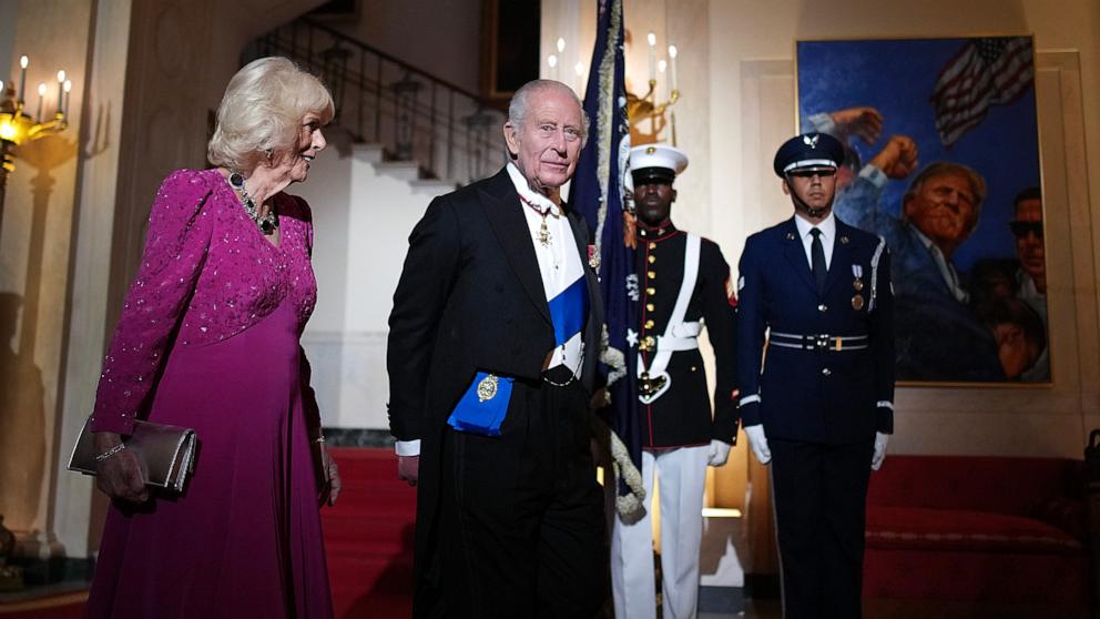 PHOTO: King Charles III and Queen Camilla arrive for a state dinner at the White House, April 28, 2026 in Washington.