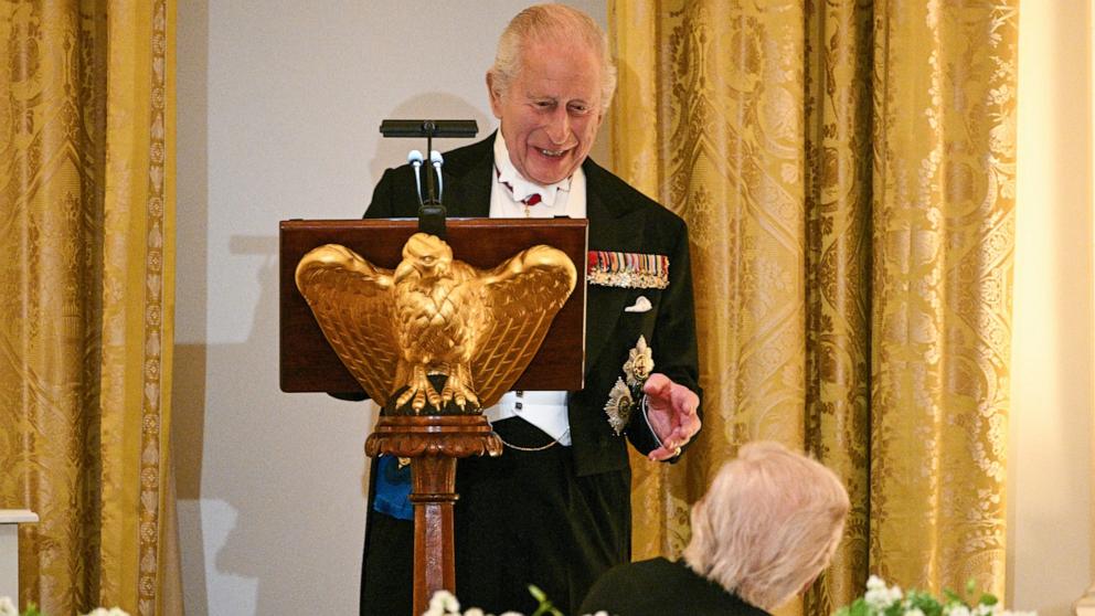 PHOTO: Britain's King Charles III speaks as President Donald Trump looks on during a State Dinner in the East Room of the White House in Washington, April 28, 2026. 