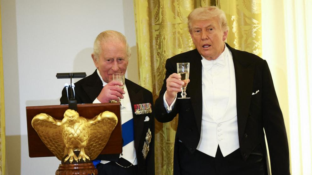 PHOTO: President Donald Trump and Britain's King Charles III raise a toast during a State Dinner in the East Room of the White House in Washington, April 28, 2026.