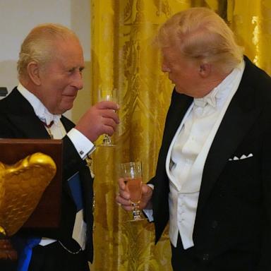 PHOTO: Britain's King Charles III toasts with Britain's King Charles III during a State Dinner with first lady Melania Trump and Queen Camilla in the East Room of the White House State Dinner, April 28, 2026, in Washington. 