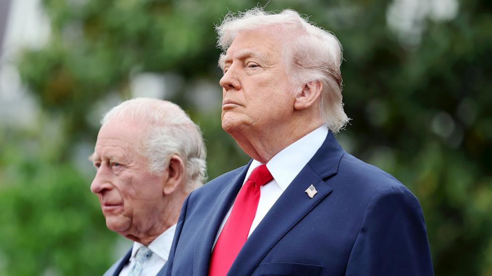 PHOTO: King Charles III and President Donald Trump on day two of the State Visit of King Charles III and Queen Camilla to the United States of America, on April 28, 2026 in Washington.