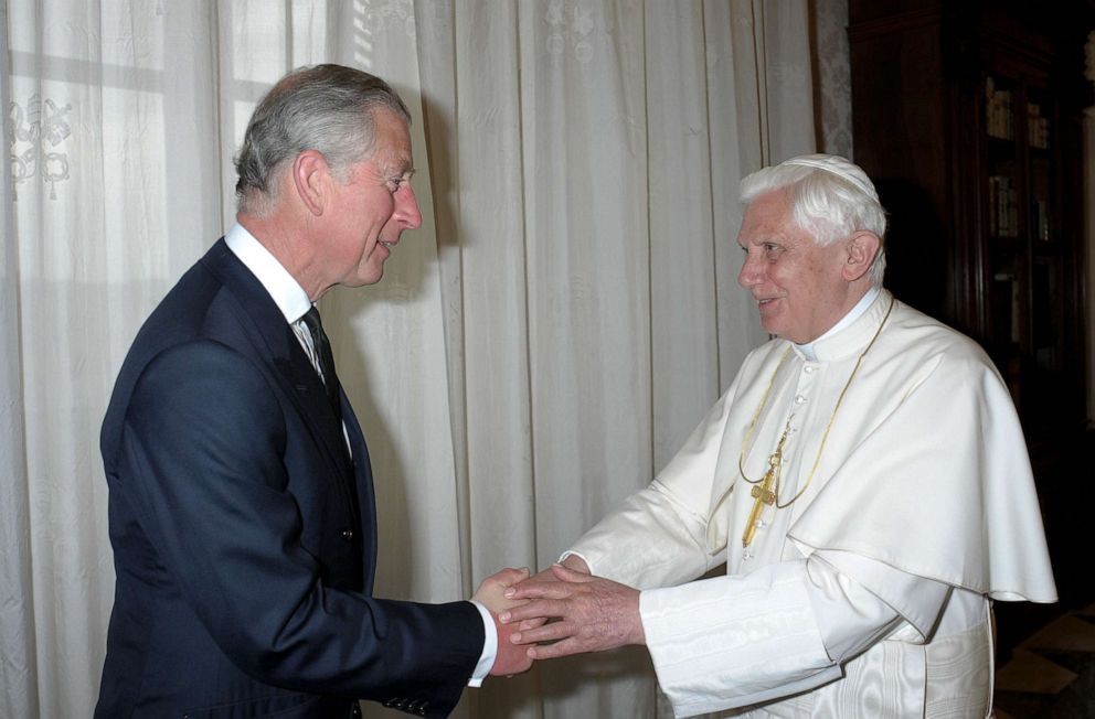 PHOTO: In this April 27, 2009, file photo, Pope Benedict XVI welcomes Britain's Prince Charles prior to their meeting in his private library in the Vatican.
