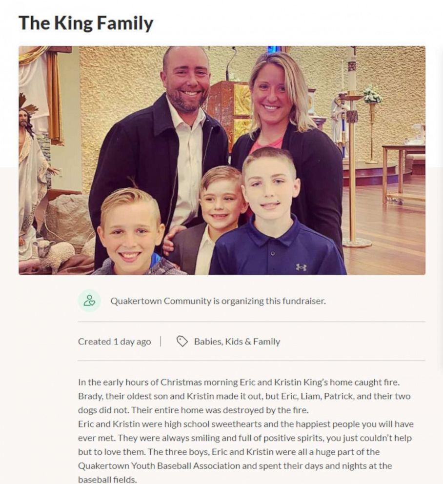 PHOTO: A GoFundMe page was set up after Eric and Kristin King’s home caught fire. Brady, their oldest son and Kristin made it out, but Eric, Liam, Patrick did not, Dec. 25, 2021, in Quakertown, Pa. 