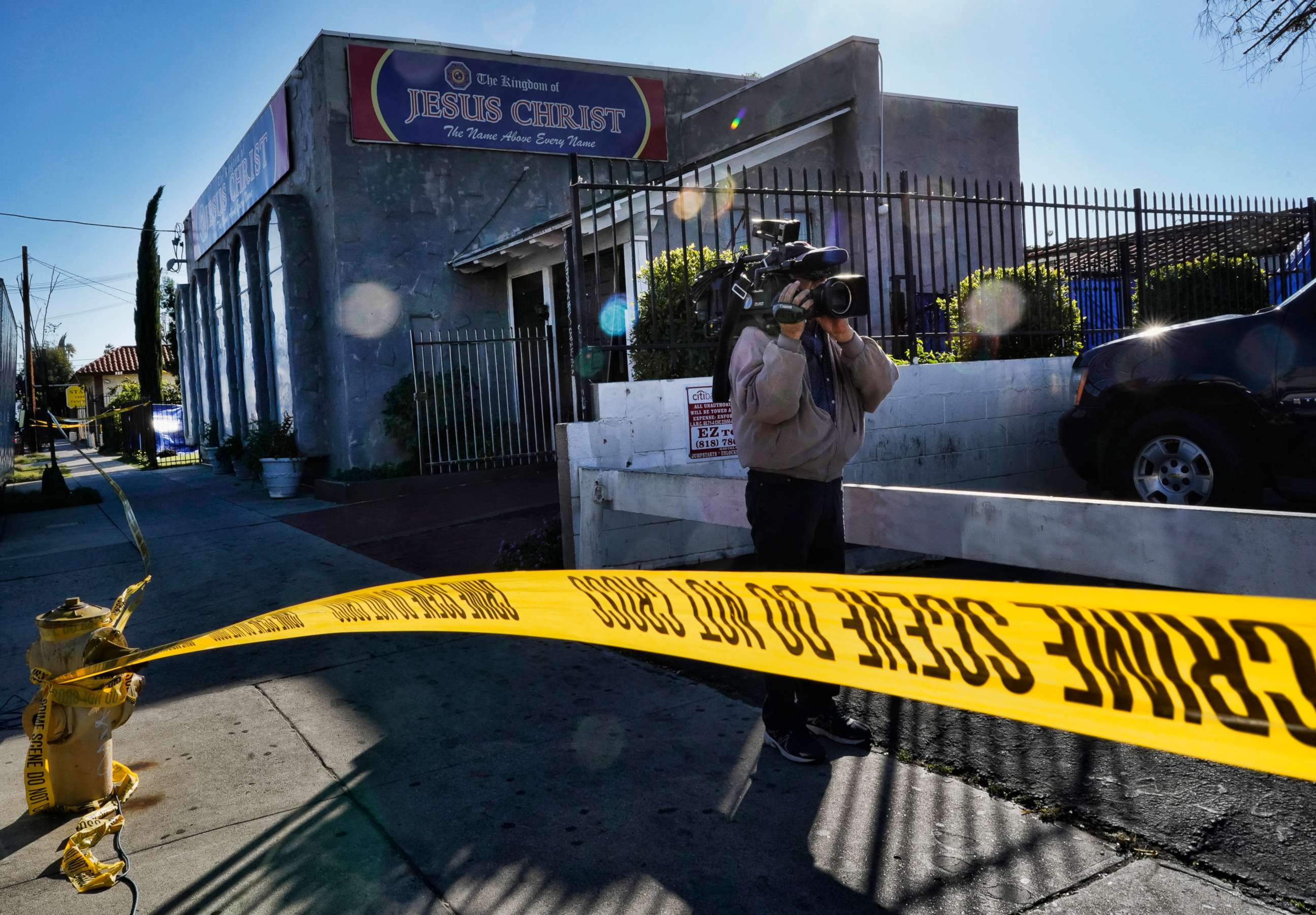 PHOTO: Crime scene tape is seen closing off an area around the grounds of the Kingdom of Jesus Christ Church in the Van Nuys section of Los Angeles, Jan. 29, 2020.