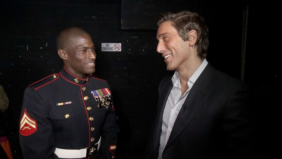 PHOTO: Retired U.S. Marine Cpl. Kionte Storey talks to ABC News' David Muir at the annual Stand Up for Heroes benefit on Nov. 7, 2017.