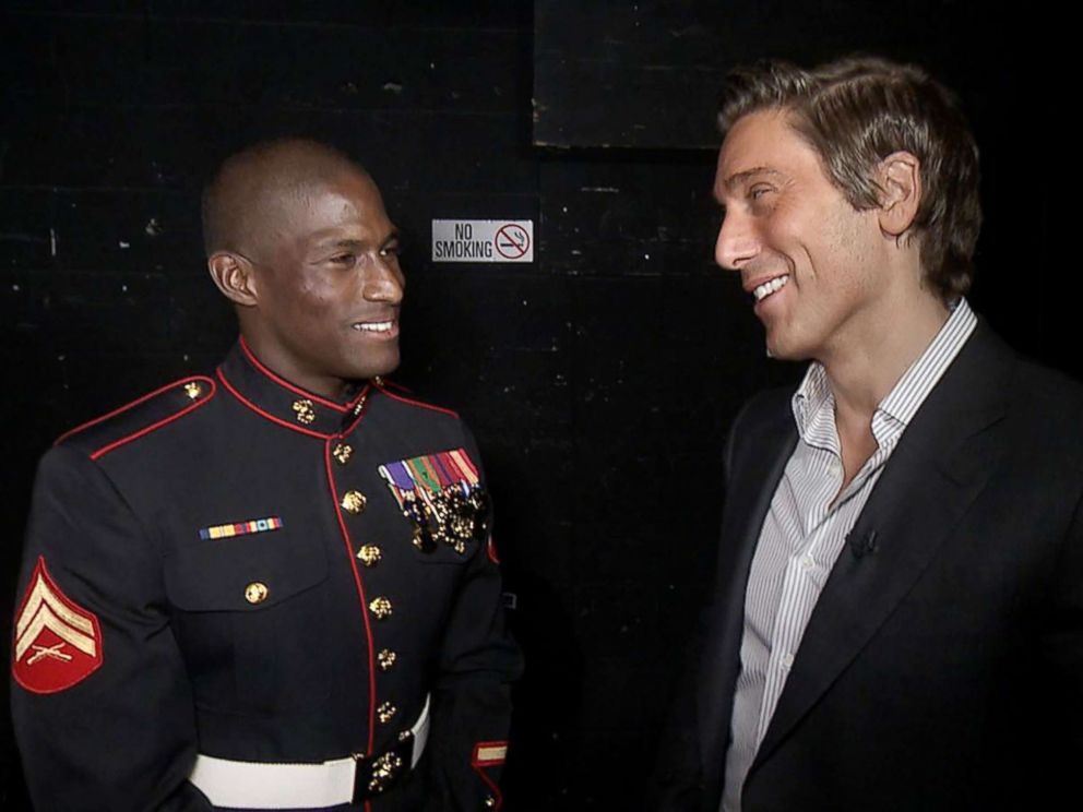 PHOTO: Retired U.S. Marine Cpl. Kionte Storey talks to ABC News David Muir at the annual Stand Up for Heroes benefit on Nov. 7, 2017.