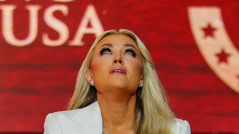 PHOTO: Erika Kirk, Charlie Kirk's widow speaks during the public memorial service for right-wing activist Charlie Kirk in Glendale, Arizona, September 21, 2025.