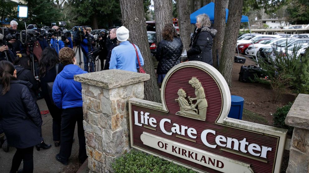 PHOTO: Family members of residents of the Life Care Center nursing home, where some patients have died from COVID-19, hold a press conference outside the center in Kirkland, Wash., March 5, 2020. 