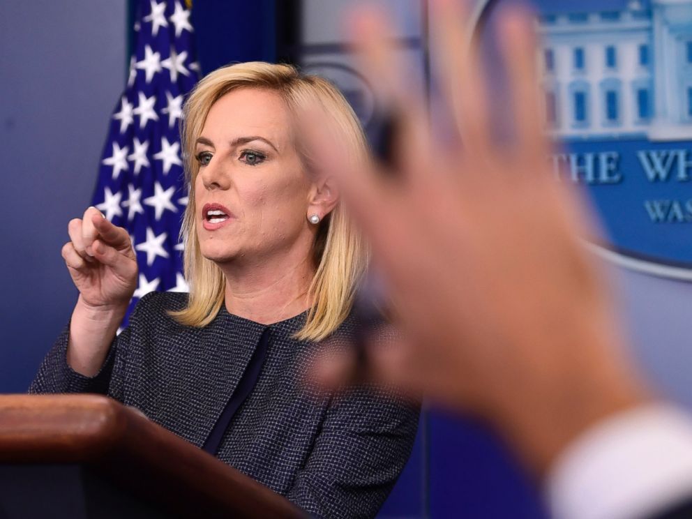 Department of Homeland Security Secretary Kirstjen Nielsen calls on a reporter during the daily briefing at the White House in Washington, Monday, June 18, 2018.