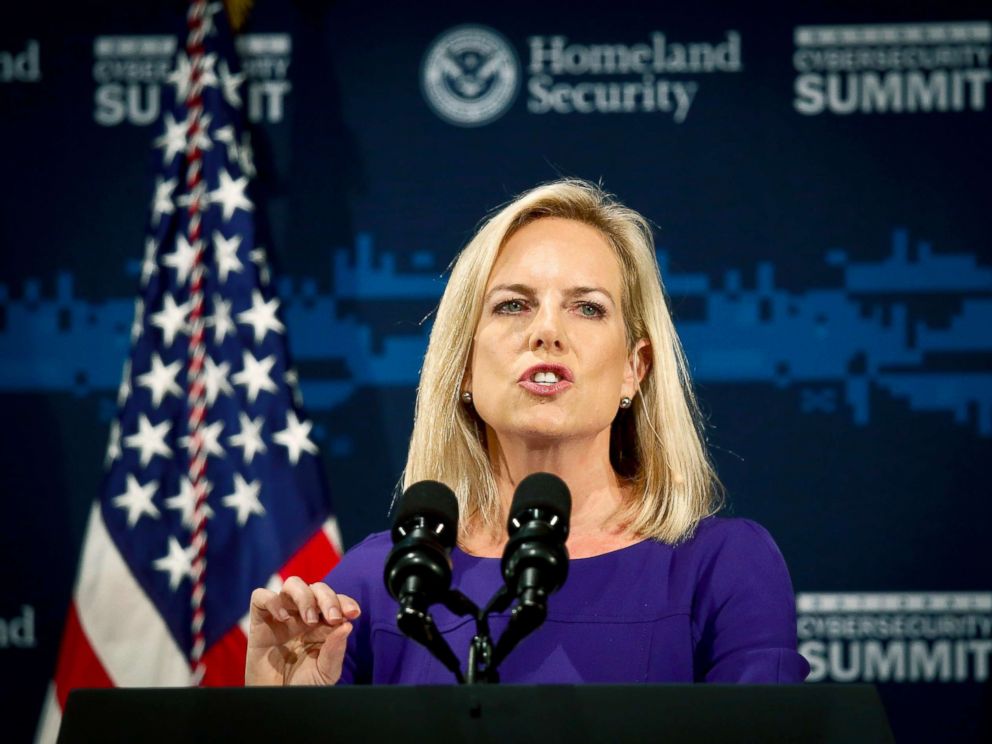 PHOTO: Secretary of Homeland Security Kirstjen Nielsen address the Department of Homeland Security (DHS) National Cybersecurity Summit on July 31, 2018, in New York.