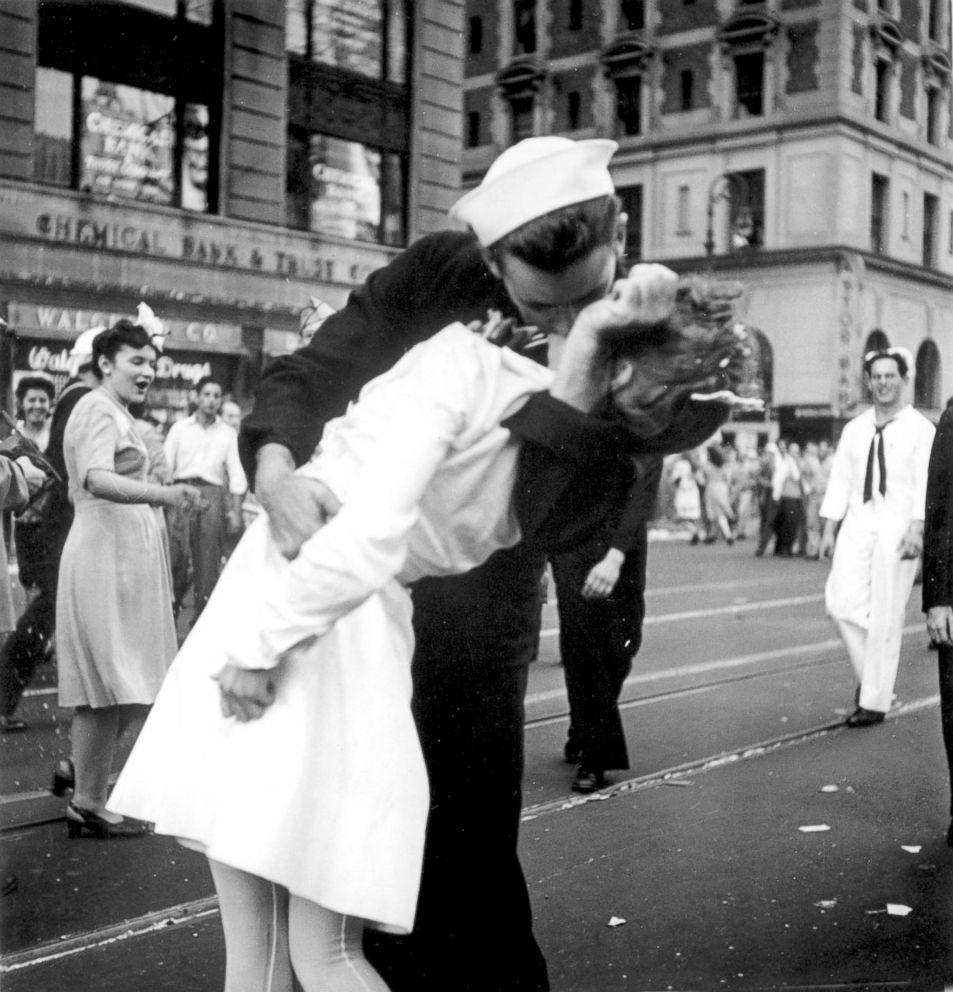 PHOTO: A sailor and a woman kiss in New York's Times Square, as people celebrate the end of World War II, Aug. 14, 1945. 